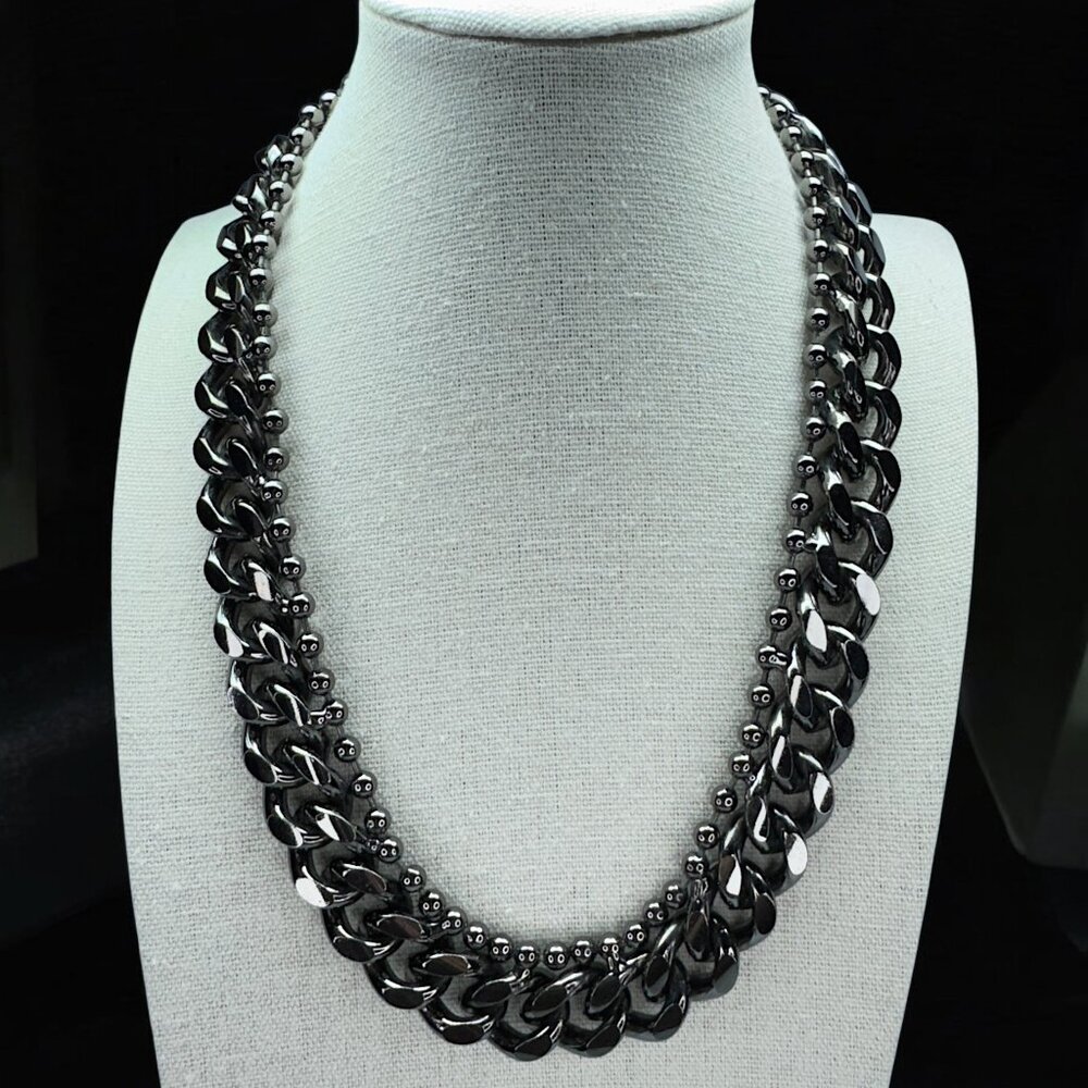Gun Metal Statement Links & Beads Chain Necklace 18 in. Toggle Clasp Dark Grey